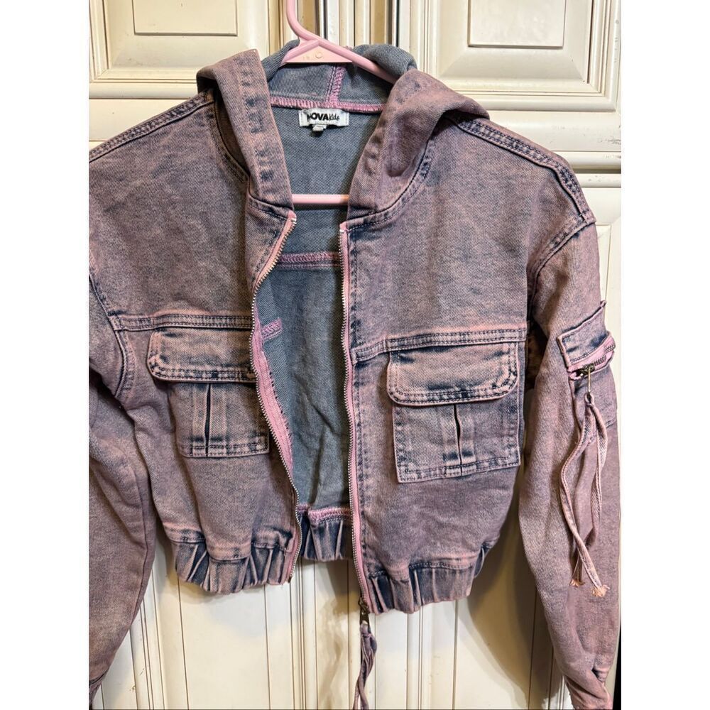 Fashion Nova Kids Girls Mini So Different Denim Jacket Hoodie Pink Size 10